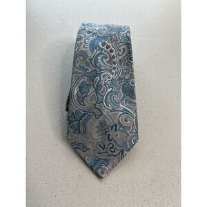 Geoffrey Beene Hand Made Gray with Blue Paisley 100% Silk Designer Tie